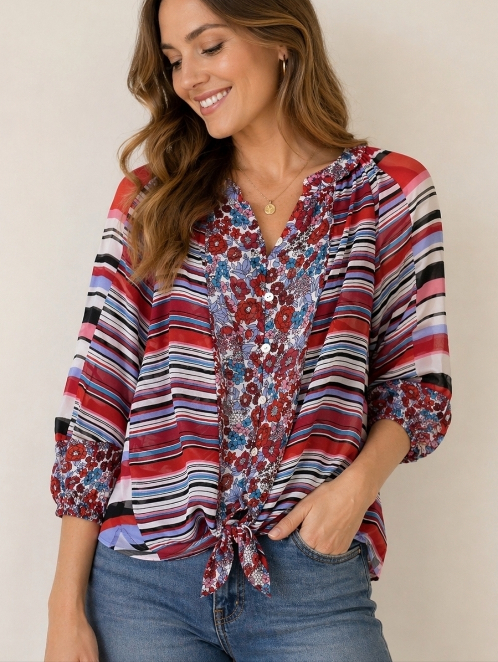 Fig & Flower Blouse Womens PS Boho Floral Stripe Tie Front 3/4 Sleeve